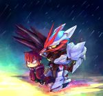  1boy chibi clenched_hand glowing glowing_eye gundam gundam_astray_no_name gundam_build_divers hood hoodie looking_up mecha mth_(nanataisi) rain red_eyes red_hair shiba_tsukasa yellow_eyes 