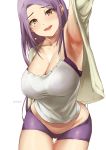  armpits beige_cardigan bra bra_through_clothes breasts brown_eyes cardigan cleavage collarbone curvy kirinkirin large_breasts long_hair mature midriff mole mole_under_eye mole_under_mouth open_mouth original outstretched_arm purple_bra purple_hair purple_shorts see-through shorts tank_top thigh_gap thighs underwear white_background white_tank_top 