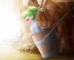  1girl :d bbb_(33kudo) blurry blurry_background bucket cave commentary_request from_side green_eyes green_hair hair_between_eyes hair_bobbles hair_ornament in_bucket in_container japanese_clothes kimono kisume long_sleeves looking_to_the_side open_mouth pointy_ears profile rope short_hair sideways_mouth smile solo touhou two_side_up upper_body white_kimono 