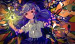  1girl abstract absurdres bangs blue_hair bubble collared_shirt highres jewelry long_hair necklace original pleated_skirt shirt short_sleeves sizucomaru skirt solo star-shaped_pupils star_(symbol) symbol-shaped_pupils upper_body white_shirt 