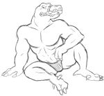  barefoot black_and_white claws clothed clothing colored_swimwear dinosaur dromaeosaurid gag male monochrome muscular muscular_male reptile scalie simple_background solo speedo swimwear thegreatmatsutzu theropod topless white_background 