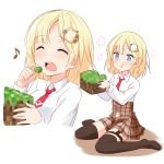  1girl blonde_hair blue_eyes blush eating english_commentary felutiahime highres hololive hololive_english minecraft multiple_views musical_note plaid plaid_skirt sitting skirt thighhighs virtual_youtuber wariza watson_amelia what white_background 