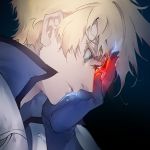  1boy blonde_hair blue_gloves face gloves glowing green_eyes guilty_gear guilty_gear_strive hand_on_own_face highres kin_mokusei ky_kiske male_focus parted_lips solo upper_body 