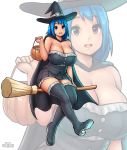  1girl black_cape black_footwear black_skirt blue_hair boots breasts broom broom_riding bucket candy cape cleavage curvy erkaz food halloween halloween_costume hat huge_breasts open_mouth original purple_eyes rina_atherina skirt smile strapless_shirt thick_thighs thighs witch witch_hat zoom_layer 