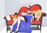 1girl absurdres bianka_durandal_ataegina blonde_hair blue_eyes breasts cellphone cleavage couch dress durandal_(tales) gloves high_heels highres holding holding_phone honkai_(series) honkai_impact_3rd large_breasts long_hair looking_at_viewer lying open_toe_shoes phone pillow sandals smartphone vierzeck 