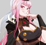  1girl bangs blunt_bangs breasts cleavage cleavage_cutout clothing_cutout grey_background hand_up hololive hololive_english large_breasts long_hair mori_calliope parted_lips pink_eyes pink_hair simple_background smile solo upper_body veil virtual_youtuber zambiie 