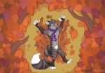  anthro autumn canid canine domestic_cat fall_(disambiguation) fatwulf faxby felid feline felis fox hi_res leaf male mammal nature outside scarf scenery solo tabby_cat tongue tongue_out zax 