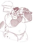  2020 anthro belly clothing hi_res humanoid_hands hyaenid jockstrap male mammal moobs nipples one_eye_closed overweight overweight_anthro overweight_male realiron_(artist) simple_background solo spotted_hyena underwear weapon white_background wink 