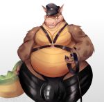  activision anthro belly bulge canid canine canis clothed clothing collar crash_bandicoot_(series) crashbandicoot(series) crocodile crocodilian crocodylid dingo dingodile fur hat headgear headwear hi_res hybrid leather_daddy male mammal overweight overweight_anthro overweight_male reptile rubber sad_tomato scalie simple_background solo teeth underwear video_games 