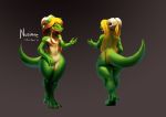  anthro big_butt blonde_hair butt cotton_paws_(artist) female green_body green_scales hair kobold looking_at_viewer model_sheet nusimee red_eyes scales simple_background solo thick_thighs wide_hips 