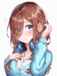  1girl bangs blue_eyes blush breasts cleavage collarbone eyebrows_visible_through_hair fingernails go-toubun_no_hanayome hair_between_eyes hair_over_one_eye hand_on_own_chest hand_on_own_head headphones highres large_breasts long_hair looking_at_viewer nakano_miku shirt smile syatihoko white_background white_shirt 