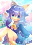  1girl :o animal_ear_fluff animal_ears bangs blue_dress blue_eyes blue_hair blurry blurry_background blush bow commentary_request day depth_of_field dress eyebrows_visible_through_hair fairy_wings feet_out_of_frame hair_between_eyes hand_up heart knees_together_feet_apart knees_up kouu_hiyoyo long_hair long_sleeves looking_at_viewer open_mouth original outdoors sleeves_past_fingers sleeves_past_wrists solo star_(symbol) tail transparent_wings wings yellow_bow 