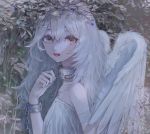  1girl angel angel_wings armband bare_shoulders berries chain collarbone cuffs feathered_wings fingernails grey_eyes hair_between_eyes kf8fw long_hair looking_at_viewer original parted_lips plant red_lips shackles solo upper_body white_hair wings 