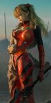  1girl bodysuit bracer eyepatch highres interface_headset lance lips long_hair multicolored multicolored_bodysuit multicolored_clothes neon_genesis_evangelion nerv oino orange_bodysuit pilot_suit plugsuit polearm red_bodysuit shikinami_asuka_langley souryuu_asuka_langley test_plugsuit weapon 