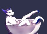  anthro astral bathing blue_eyes bodily_fluids claws cum cum_bath cum_on_body cum_on_feet cum_string dripping excessive_cum female full-length_portrait genital_fluids hi_res horn kazookatt kobold looking_at_viewer markings partially_submerged portrait scalie solo toe_claws 