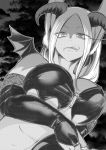  1girl animal_ears bangs boku_no_hero_academia breasts bridal_gauntlets bunny_ears cleavage dark_skin demon_girl elbow_gloves fangs fangs_out gloves greyscale halloween_costume highres horns licking_lips looking_at_viewer mirko monochrome nstime23 o-ring o-ring_top parted_bangs slit_pupils solo succubus tongue tongue_out upper_body 