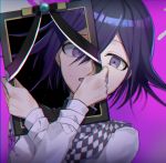  1boy bangs black_background black_jacket blood blue_hair checkered checkered_scarf commentary_request danganronpa grey_background hair_between_eyes holding huyuharu0214 iei jacket long_sleeves looking_at_viewer male_focus multicolored multicolored_background new_danganronpa_v3 ouma_kokichi pink_background pink_blood portrait purple_hair scarf short_hair simple_background solo split_theme sweat upper_body 