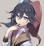  1boy alternate_costume bangs black_hair blood brown_background commentary_request danganronpa finger_to_mouth hair_between_eyes hand_up hat highres huyuharu0214 jester jester_cap long_sleeves looking_at_viewer male_focus messy_hair new_danganronpa_v3 ouma_kokichi polka_dot_headwear purple_eyes red_headwear shirt signature solo upper_body vest 