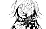  1boy bangs blood blood_from_mouth bloody_clothes checkered checkered_neckwear checkered_scarf clothes_grab danganronpa dodoparipupe eyebrows_visible_through_hair greyscale grin hair_between_eyes male_focus monochrome new_danganronpa_v3 ouma_kokichi scarf simple_background smile solo_focus upper_body 