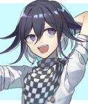  1boy :d bangs black_hair blue_background blurry blurry_foreground checkered checkered_scarf commentary_request danganronpa depth_of_field eye_contact hair_between_eyes huyuharu0214 jacket looking_at_another looking_to_the_side looking_up male_focus medium_hair multicolored_hair new_danganronpa_v3 open_mouth ouma_kokichi purple_hair scarf short_sleeves signature smile solo straitjacket two-tone_background upper_body upper_teeth white_background white_jacket 