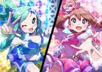  2girls absurdres bangs blue_eyes blurry blush brown_hair buttons commentary_request earrings eyebrows_visible_through_hair eyelashes glint green_eyes green_hair hair_ornament hands_up highres jewelry lisia_(pokemon) long_hair looking_at_viewer making-of_available may_(pokemon) multiple_girls navel one_eye_closed open_mouth outstretched_hand poke_ball poke_ball_(basic) pokemon pokemon_(game) pokemon_oras pon_yui shiny shiny_skin skirt smile split_screen spread_fingers tongue w 