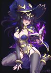  1girl artist_name aura bangs black_background black_hair blunt_bangs book breasts cleavage cover english_commentary fire_emblem halloween hat high_heels holding holding_book kajin_(kajinman) leotard long_hair looking_at_viewer medium_breasts open_book patreon_username simple_background solo tharja_(fire_emblem) thighhighs watermark witch witch_hat 