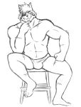  black_and_white briefs bulge clothing dard drakuun felid furniture hand_on_chin male mammal monochrome muscular muscular_male scar simple_background sitting solo stool thegreatmatsutzu underwear white_background 