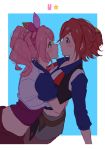  2girls blue_eyes bow hair_bow highres hug kaname_buccaneer looking_at_another macross macross_delta makina_nakajima mosako multiple_girls pink_bow pink_eyes pink_hair red_hair twintails yuri 