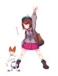  1girl arm_up backpack bag bangs boots brown_backpack brown_footwear buttons cardigan closed_eyes closed_mouth commentary_request dress eyebrows_visible_through_hair eyelashes gen_8_pokemon gloria_(pokemon) green_headwear green_legwear grey_cardigan hat highres legs_apart long_sleeves pink_dress plaid plaid_legwear pokemon pokemon_(game) pokemon_swsh s_ryouchi scorbunny smile socks standing star_(symbol) starter_pokemon tam_o&#039;_shanter translation_request w 