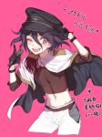  1boy ;d alternate_costume black_capelet black_gloves black_hair black_headwear blush capelet commentary_request cowboy_shot crop_top danganronpa gloves hair_between_eyes hair_ornament hairclip hands_up hat jacket looking_at_viewer male_focus midriff multicolored_capelet navel new_danganronpa_v3 one_eye_closed open_mouth otoko_no_ko ouma_kokichi pants pink_background short_hair simple_background smile solo stomach translation_request upper_teeth white_capelet white_pants zuizi 