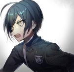  1boy ahoge bangs black_hair black_jacket commentary_request crying crying_with_eyes_open danganronpa double-breasted from_side gradient gradient_background grey_background highres huyuharu0214 jacket long_sleeves male_focus new_danganronpa_v3 open_mouth saihara_shuuichi school_uniform shirt short_hair solo striped_jacket tears teeth upper_body upper_teeth 