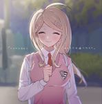  1girl ahoge akamatsu_kaede backpack bag blonde_hair blurry blurry_background blush breasts clenched_hand closed_eyes danganronpa hair_ornament highres io_(sinking=carousel) long_hair long_sleeves medium_breasts musical_note_hair_ornament necktie new_danganronpa_v3 red_neckwear smile solo sweater_vest translation_request upper_body 