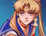  1girl bags_under_eyes bishoujo_senshi_sailor_moon blonde_hair blue_eyes blue_sailor_collar breasts choker circlet cleavage commentary crescent crescent_earrings derivative_work diadem earrings english_commentary eyelashes hair_over_shoulder heart heart_choker jewelry julia_shii long_hair meme nose red_choker sailor_collar sailor_moon sailor_moon_redraw_challenge sailor_senshi_uniform screencap_redraw solo tsukino_usagi twintails upper_body 