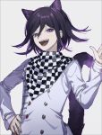  1boy animal_ears bangs cat_ears cat_tail checkered checkered_neckwear checkered_scarf danganronpa eyebrows_visible_through_hair fangs grey_background hair_between_eyes hand_on_hip highres io_(sinking=carousel) long_sleeves male_focus new_danganronpa_v3 open_mouth ouma_kokichi purple_eyes purple_hair scarf simple_background solo straitjacket tail 