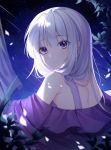  1girl absurdres bangs bare_shoulders closed_mouth commentary_request curtains dress emilia_(re:zero) eyebrows_visible_through_hair face flower from_behind hair_ornament highres hu_qu long_hair looking_at_viewer looking_back night night_sky off_shoulder plant pointy_ears purple_dress purple_eyes re:zero_kara_hajimeru_isekai_seikatsu shooting_star shoulder_blades silver_hair sky solo star_(sky) starry_sky upper_body 