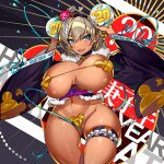  1girl alternate_breast_size bangs bea_(pokemon) bell bell_choker black_choker blue_eyes blush breasts cameltoe choker commentary curvy dark_skin eyebrows_visible_through_hair eyelashes grey_hair hairband hands_up happy_new_year holding huge_breasts leg_garter navel new_year open_mouth plump pokemon pokemon_(game) pokemon_swsh powzin ribbon shiny shiny_skin short_hair sideways_glance skindentation smile solo teeth tongue 