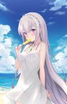  5_fingers bikini breasts clothing day dress echiru39 elf emilia_(re:zero) fingers food grey_hair hair hi_res holding_food holding_object humanoid humanoid_pointy_ears jewelry long_hair looking_at_viewer necklace not_furry outside popsicle portrait purple_eyes re:zero seaside swimwear three-quarter_portrait translucent translucent_clothing translucent_hair water 