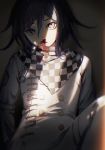  1boy bangs blood bloody_clothes bloody_nose checkered checkered_neckwear checkered_scarf closed_mouth danganronpa hair_between_eyes highres io_(sinking=carousel) long_sleeves male_focus new_danganronpa_v3 nosebleed ouma_kokichi purple_eyes purple_hair scarf shade sitting solo straitjacket 