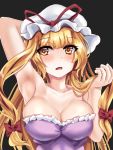  1girl arm_behind_head arm_up armpits bangs black_background blonde_hair blush bow breasts cleavage collarbone commentary_request dress eyebrows_visible_through_hair frills hair_bow hand_in_hair hat hat_ribbon kerotsupii_deisuku large_breasts long_hair looking_to_the_side mob_cap open_mouth orange_eyes presenting_armpit purple_dress red_bow red_ribbon ribbon sidelocks simple_background sleeveless sleeveless_dress solo strapless strapless_dress touhou upper_body white_headwear yakumo_yukari 