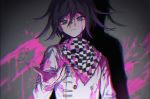  1boy bangs blood blood_on_face blood_splatter bloody_clothes bloody_hands checkered checkered_neckwear checkered_scarf closed_mouth cracked_wall danganronpa eyebrows_visible_through_hair hair_between_eyes highres io_(sinking=carousel) long_sleeves male_focus new_danganronpa_v3 ouma_kokichi purple_blood purple_eyes purple_hair scarf solo straitjacket 