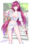  1girl border breasts breasts_apart collarbone commentary_request dual_wielding fate/grand_order fate_(series) fundoshi highres holding japanese_clothes large_breasts long_hair looking_at_viewer matatabi_(karukan222) midriff navel purple_hair red_eyes rope scathach_(fate)_(all) scathach_(fate/grand_order) signature solo very_long_hair white_border 