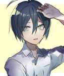  1boy ahoge alternate_costume arm_up bangs black_hair blue_eyes blue_hair collared_shirt colored_inner_hair commentary_request danganronpa dress_shirt hair_between_eyes hand_on_forehead huyuharu0214 looking_to_the_side male_focus multicolored_hair new_danganronpa_v3 open_mouth portrait saihara_shuuichi shirt short_hair signature solo two-tone_background two-tone_hair white_background white_shirt wing_collar yellow_background 