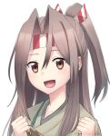  1girl brown_eyes clenched_hand grey_hair hachimaki headband high_ponytail highres japanese_clothes kantai_collection long_hair muneate saga_(saga_kancolle) simple_background smile solo upper_body white_background zuihou_(kantai_collection) 