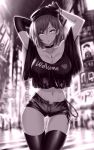  1girl :o arms_up bare_shoulders blurry blurry_background breasts chain choker cleavage clothes_writing cross cross_necklace earrings gloves greyscale hair_between_eyes hat head_tilt hecatia_lapislazuli highres holding holding_phone jewelry junko_(touhou) koissa large_breasts looking_at_viewer medium_hair midriff monochrome navel necklace off-shoulder_shirt off_shoulder open_fly outdoors phone shirt short_shorts shorts single_glove solo t-shirt tattoo thigh_gap thighhighs touhou wide_sleeves 