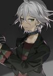  1boy ahoge black_jacket black_shirt brown_eyes chain chained collar collarbone commentary_request danganronpa green_eyes grey_hair hair_between_eyes highres huyuharu0214 jacket komaeda_nagito layered_sleeves long_sleeves looking_at_viewer male_focus metal_collar new_danganronpa_v3 open_clothes open_jacket shirt short_hair smile solo two-tone_background upper_body 