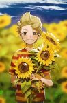  1boy aoki_(fumomo) blonde_hair blurry blurry_background blush cloud day flower grin highres holding holding_flower lucas_(mother_3) male_focus mother_(game) mother_3 outdoors shirt short_sleeves sky smile solo striped striped_shirt sunflower 