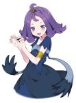  1girl :3 acerola_(pokemon) armlet blue_eyes blush claw_pose commentary_request dress eyelashes hair_ornament hands_up haruyuki_(yukichasoba) highres medium_hair open_mouth pokemon pokemon_(game) pokemon_sm purple_hair short_sleeves smile solo stitches tongue topknot white_background 