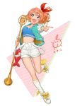  1girl absurdres alternate_costume bow finger_gun freyja_wion green_eyes hair_bow highres jacket jumping letterman_jacket macross macross_delta mosako open_mouth orange_hair red_bow shoes short_shorts shorts sneakers solo 