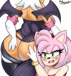  amy_rose anthro big_breasts big_butt blush bmayyneart bodily_fluids breasts butt butt_grab chiropteran clothing duo eulipotyphlan female female/female green_eyes hand_on_butt hedgehog hi_res mammal open_mouth rouge_the_bat sonic_the_hedgehog_(series) sweat torn_clothing wings 