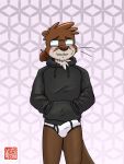  anthro black_clothing black_hoodie black_topwear briefs bulge clothed clothing drawyourfursona embarrassed erection erection_under_clothing hi_res hoodie hoodie/briefs_meme lutrine male mammal meme meme_clothing mustelid simple_background solo standing sweaciabic topwear underwear white_clothing white_underwear 